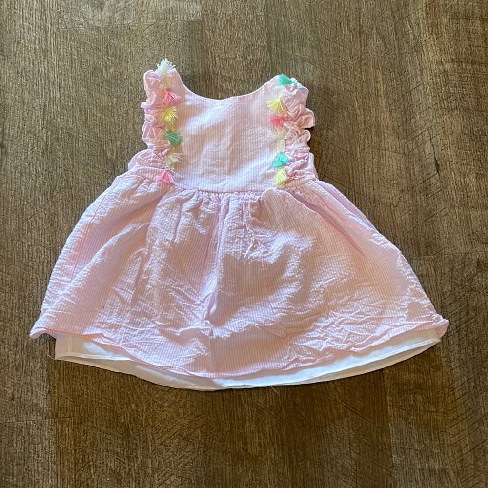 mia and mimi pink & white striped dress with pompon tassels 12M